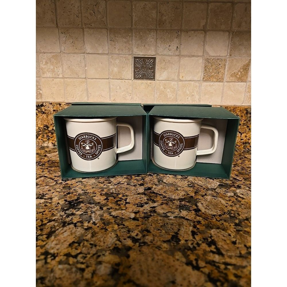 2016 STARBUCKS COFFEE METAL‎ MUG WHITE ENAMEL W/ ORIGINAL BROWN SIREN LOGO 14OZ